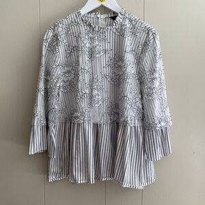 ZARA Woman Striped Floral Lace Blouse | Peplum Hem Long Sleeve Top Size M